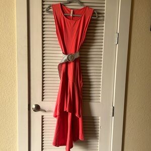 Brand New Bright tangerine maxi dress with ruffled bottom and pockets